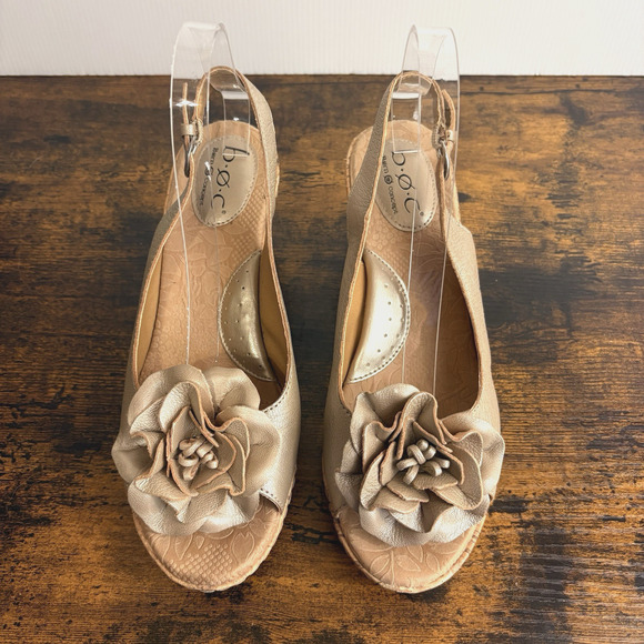 Born Wedge Sandal Womens Sz 9M Gold Pewter Leather Cork Rosette Boho Peasant - Picture 4 of 14